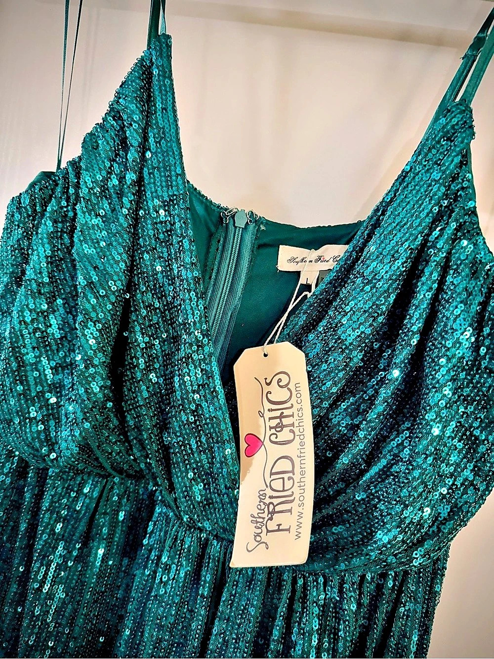 Southern Fried Chics Sequin Maxi Dress V-Neck Formal Gown Emerald Green Large